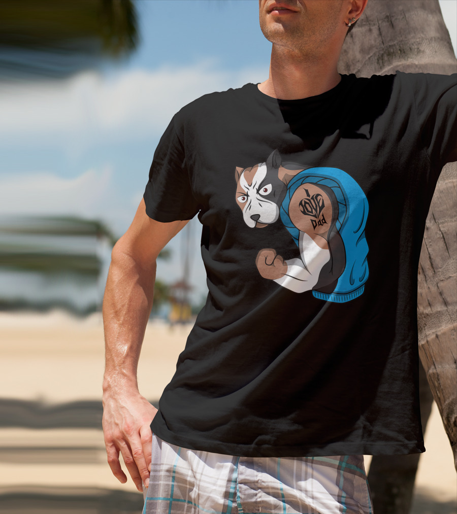Funny Pit Bull Dog I Love Dad Tattoo Flexing Arm T-Shirt
