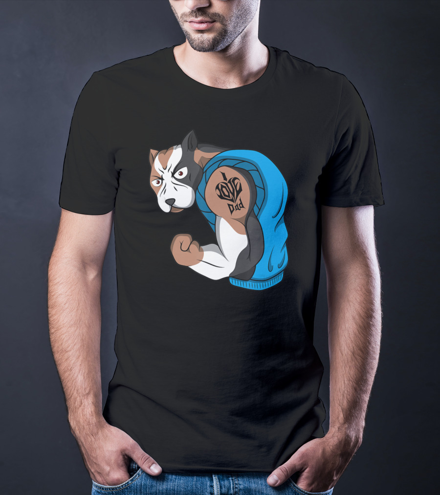 Funny Pit Bull Dog I Love Dad Tattoo Flexing Arm T-Shirt