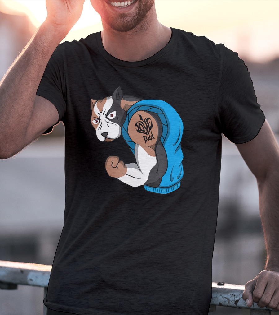 Funny Pit Bull Dog I Love Dad Tattoo Flexing Arm T-Shirt