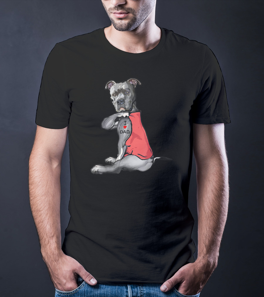 Pitbull Tattoo I Love Dad Red T-Shirt