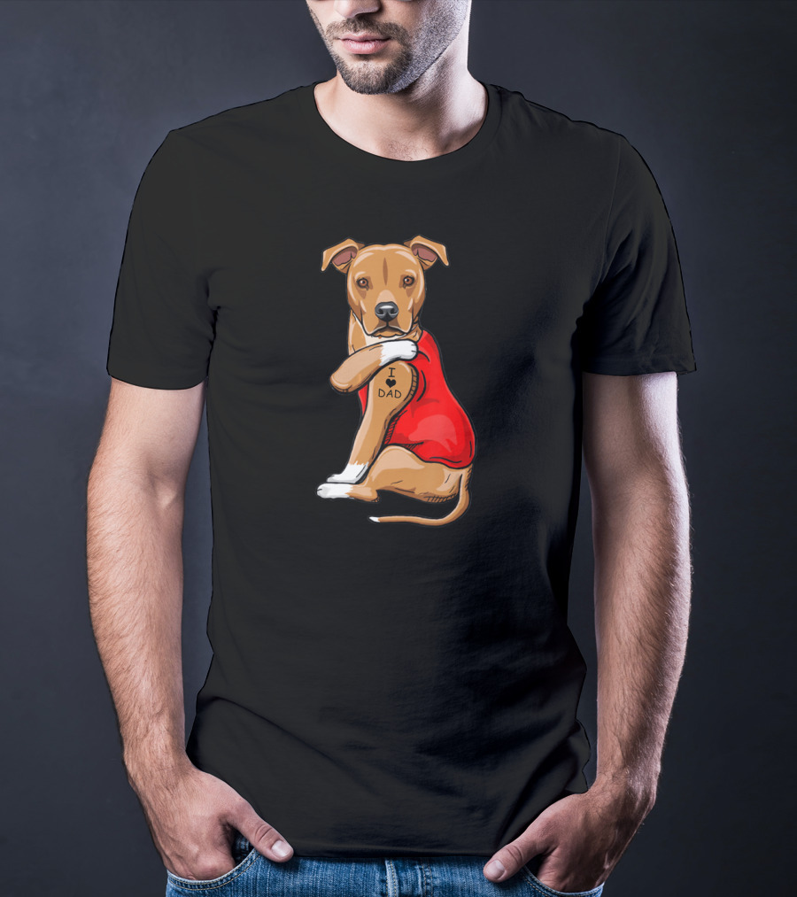 Staffordshire Terrier I Love Dad Tattoo Dog In Red T-Shirt