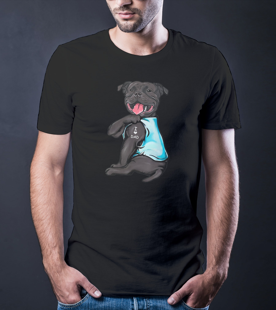 Staffordshire Bull Terrier I Love Dad Dog Blue T-Shirt