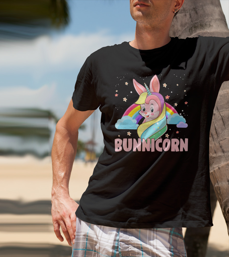 Bunnicorn Rainbow Unicorn Easter Clouds Stars T-Shirt