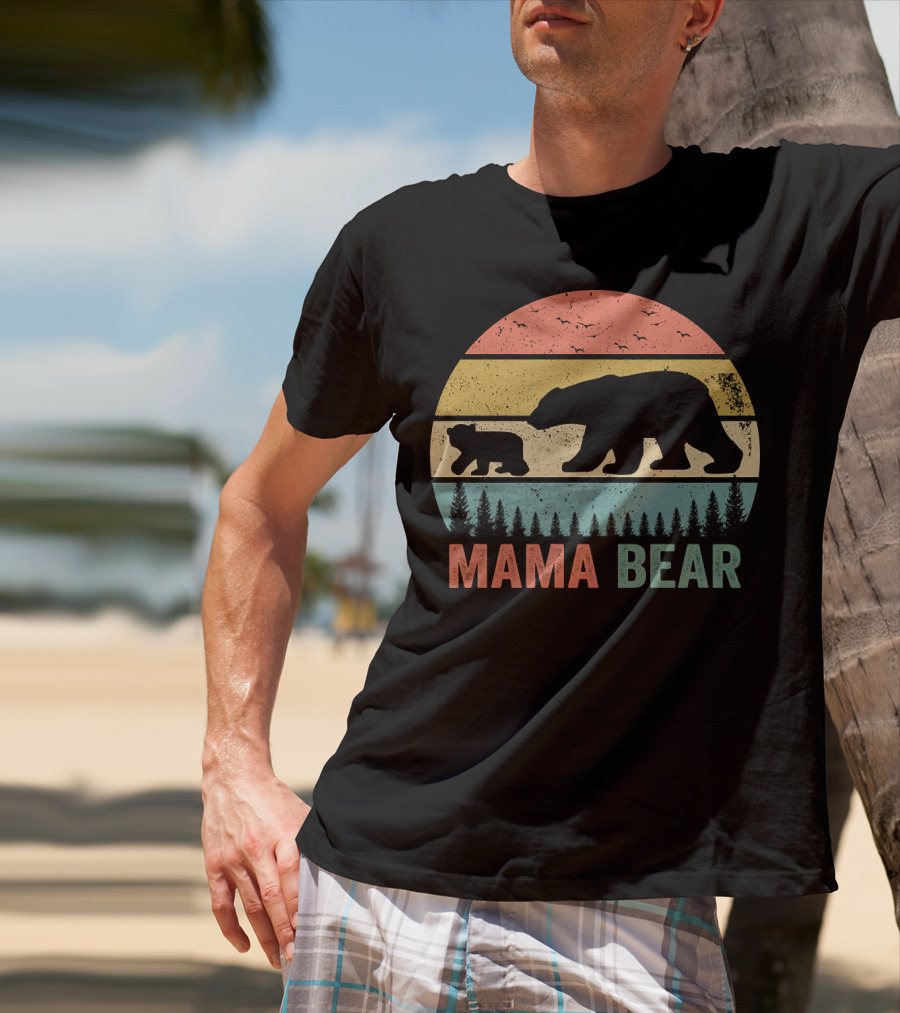 Mama Bear With Baby Cub Retro Sunset Silhouette Nature Scene T-Shirt