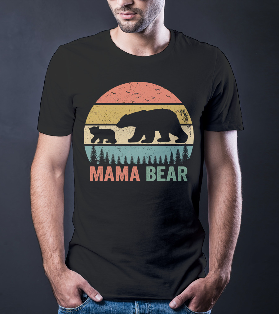 Mama Bear With Baby Cub Retro Sunset Silhouette Nature Scene T-Shirt