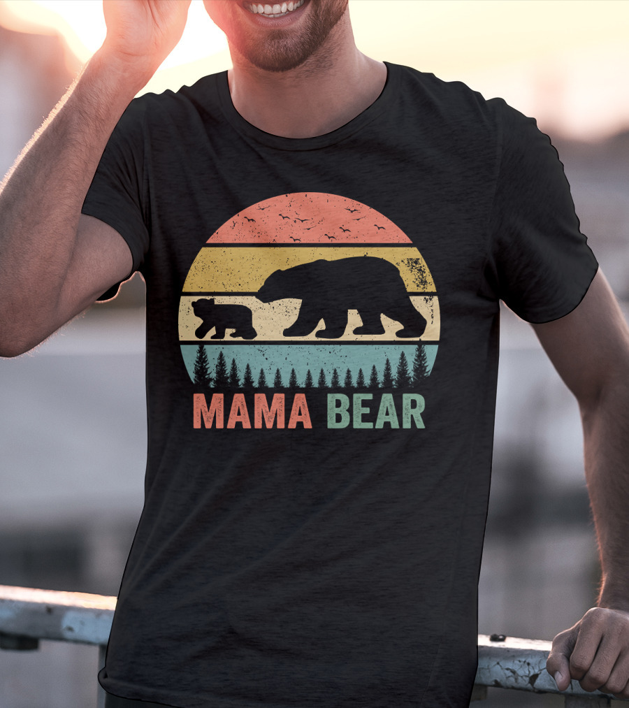 Mama Bear With Baby Cub Retro Sunset Silhouette Nature Scene T-Shirt