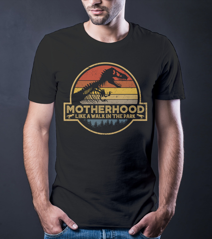 Motherhood Like A Walk In The Park Dinosaur Silhouette Retro T-Shirt