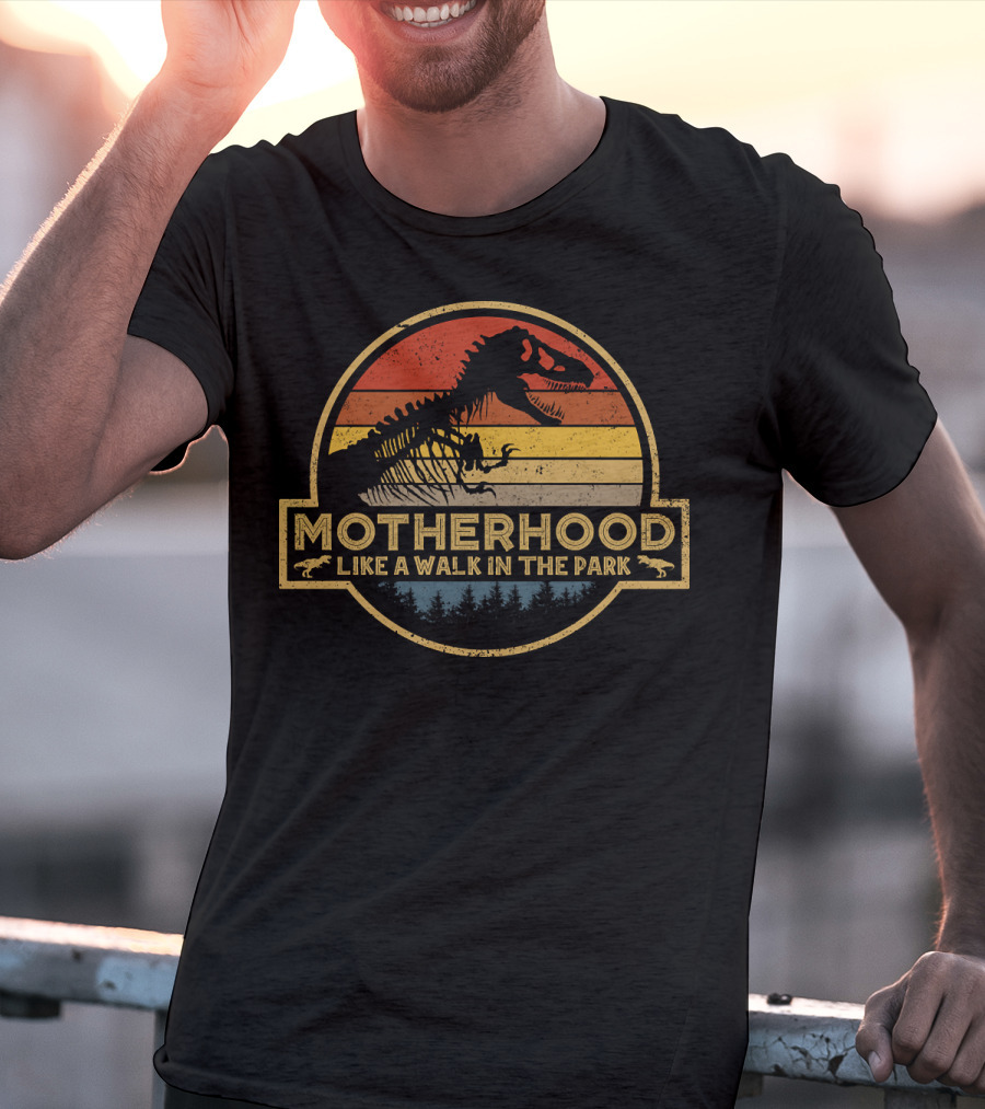 Motherhood Like A Walk In The Park Dinosaur Silhouette Retro T-Shirt