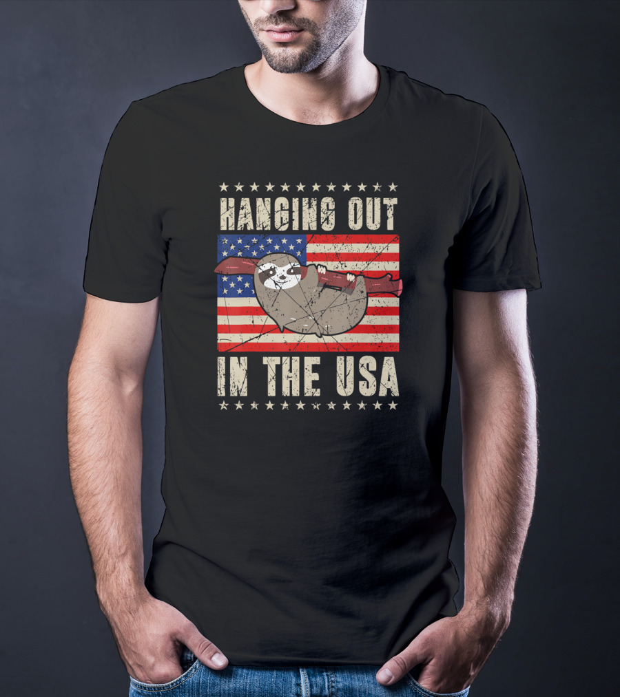 Sloth Hanging Out In The USA America Flag T-Shirt