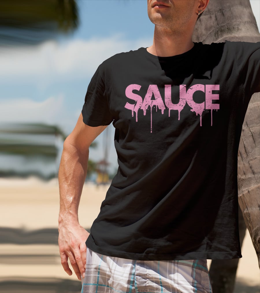 Sauce Melting Dripping Messy Saucy Pink Grunge Text T-Shirt
