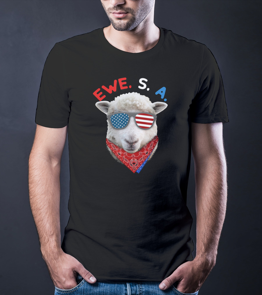 Ewe S A Sheep With USA Flag Sunglasses And Red Bandana T-Shirt