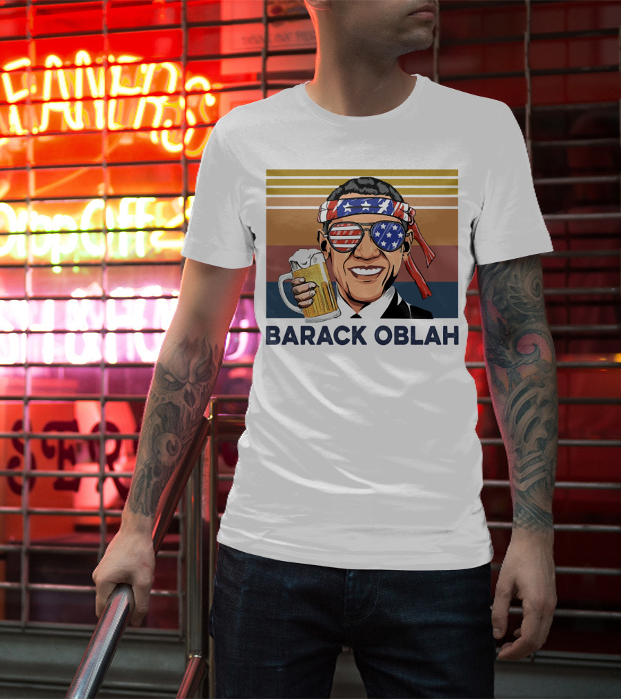Barack Obama Oblah Drink Vintage USA Flag Headband And Stars Stripes Shades With Beer Mug T-Shirt