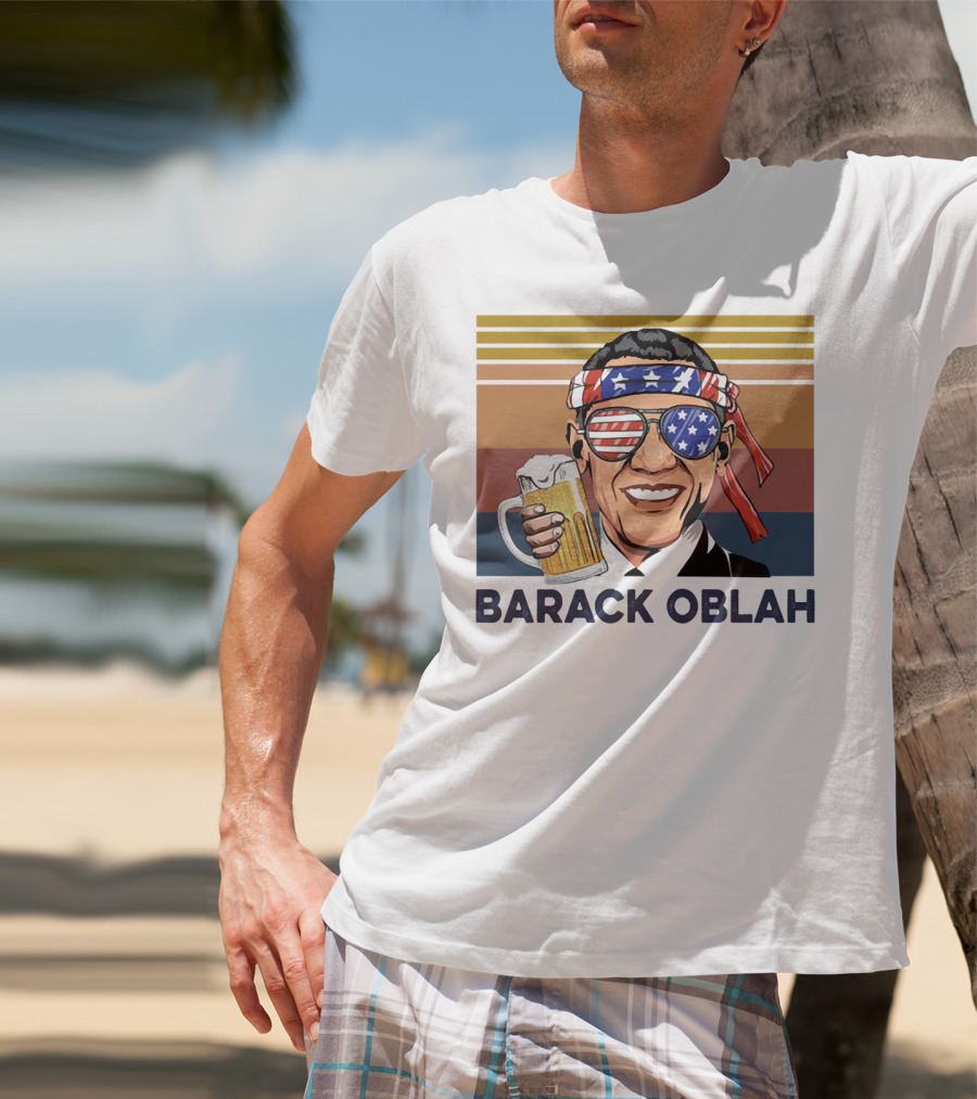Barack Obama Oblah Drink Vintage USA Flag Headband And Stars Stripes Shades With Beer Mug T-Shirt