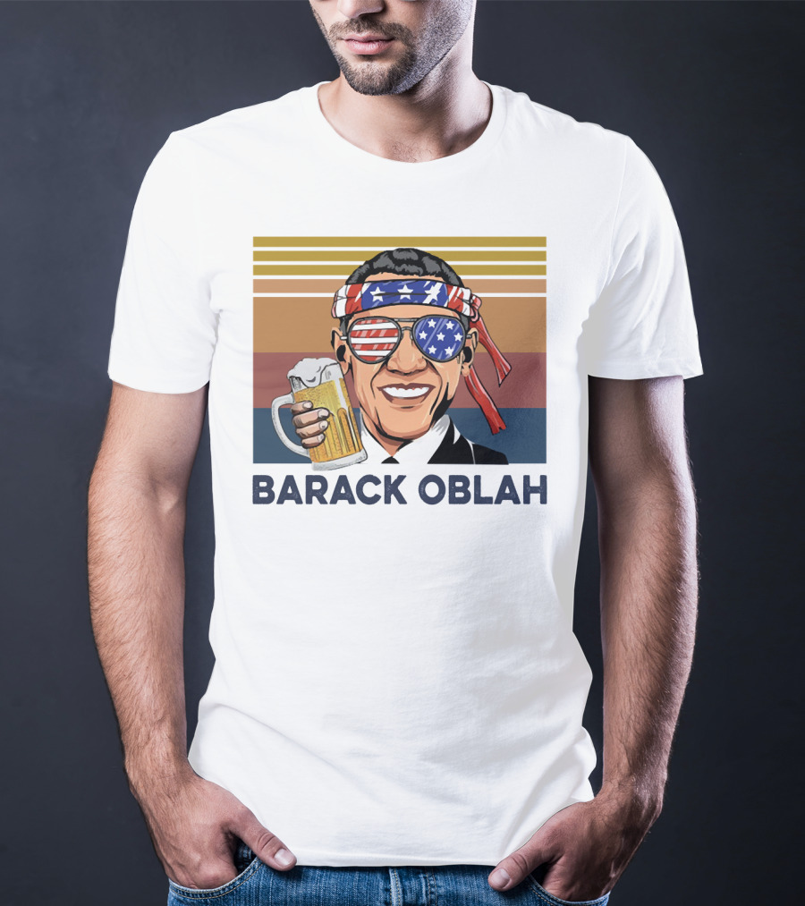 Barack Obama Oblah Drink Vintage USA Flag Headband And Stars Stripes Shades With Beer Mug T-Shirt