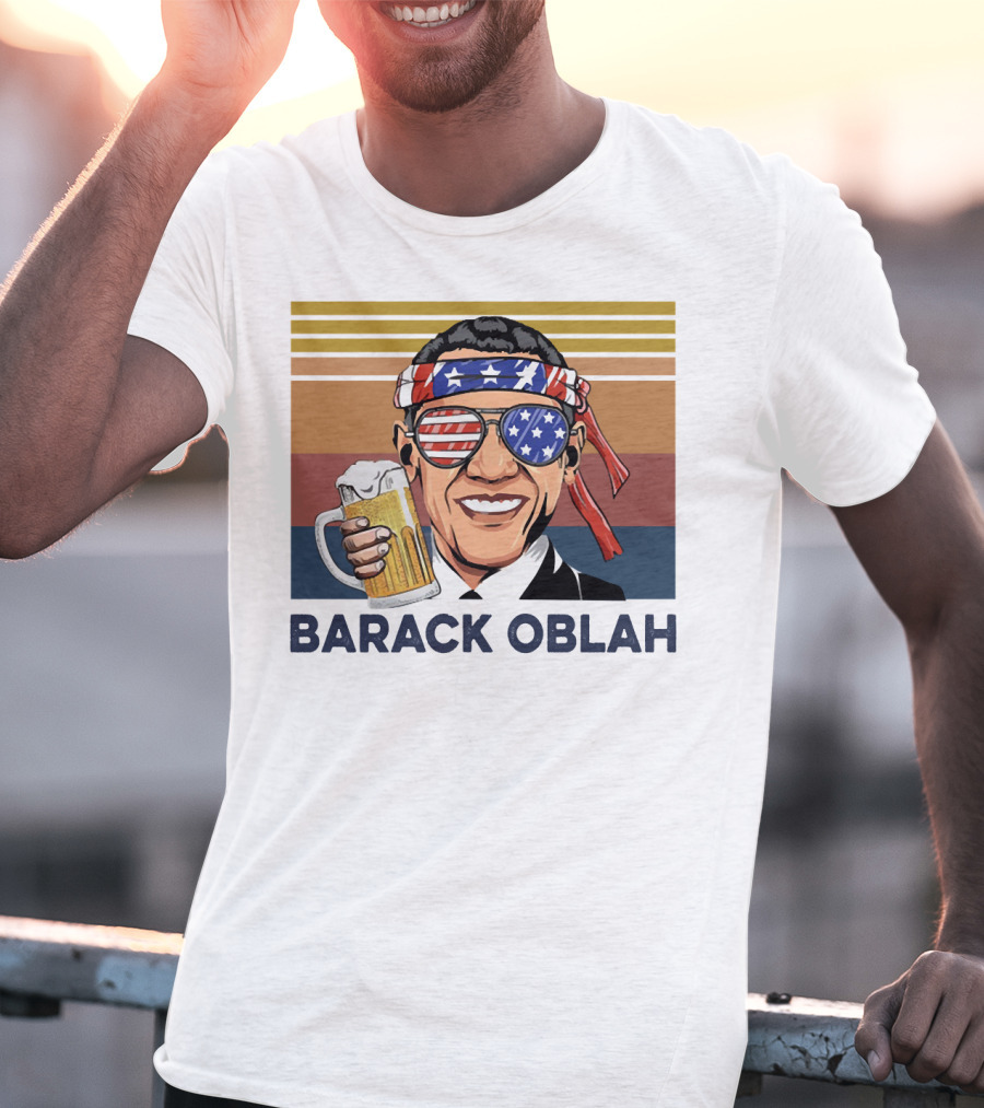 Barack Obama Oblah Drink Vintage USA Flag Headband And Stars Stripes Shades With Beer Mug T-Shirt