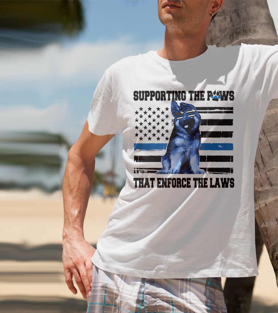 Supporting The Paws That Enforce The Laws Police Dog American Flag Sunglasses T-Shirt