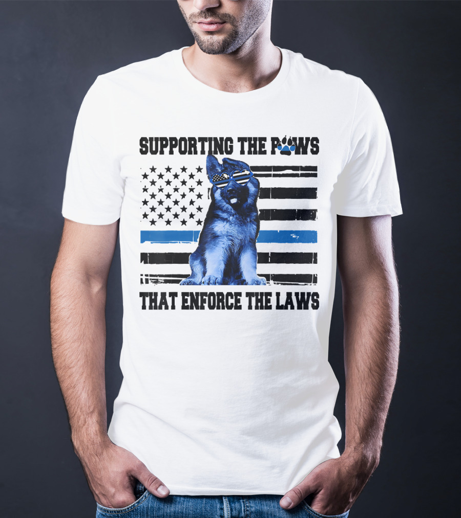 Supporting The Paws That Enforce The Laws Police Dog American Flag Sunglasses T-Shirt