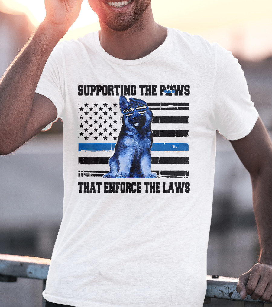 Supporting The Paws That Enforce The Laws Police Dog American Flag Sunglasses T-Shirt