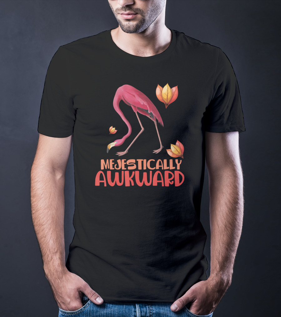 Majestically Awkward Flamingo With Colorful Leaves T-Shirt