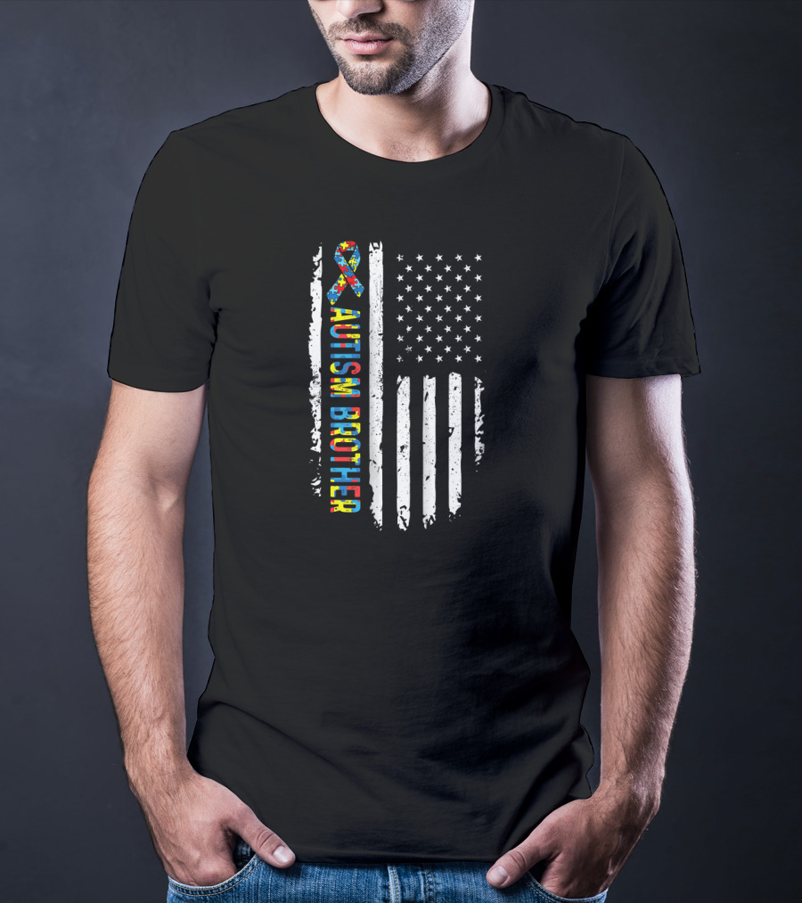 Autism Brother USA Flag Puzzle Ribbon Awareness T-Shirt