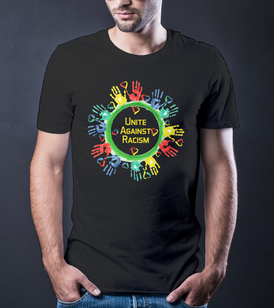 Unite Against Racism Colorful Handprints Circle With Hearts T-Shirt