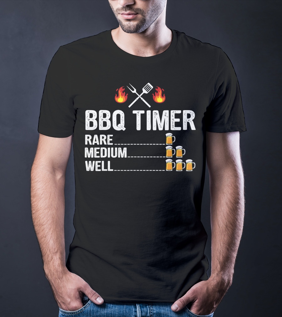 BBQ Timer Rare Medium Well Beer Flames Fork Spatula Mugs T-Shirt