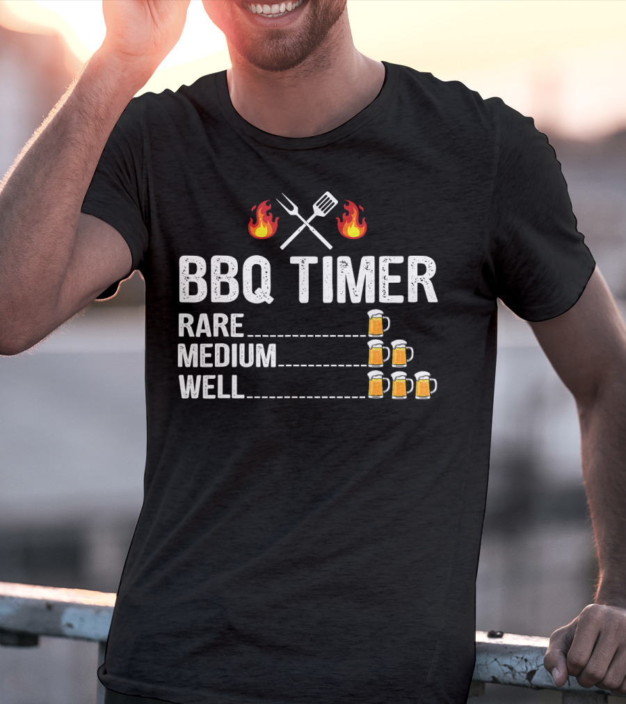 BBQ Timer Rare Medium Well Beer Flames Fork Spatula Mugs T-Shirt