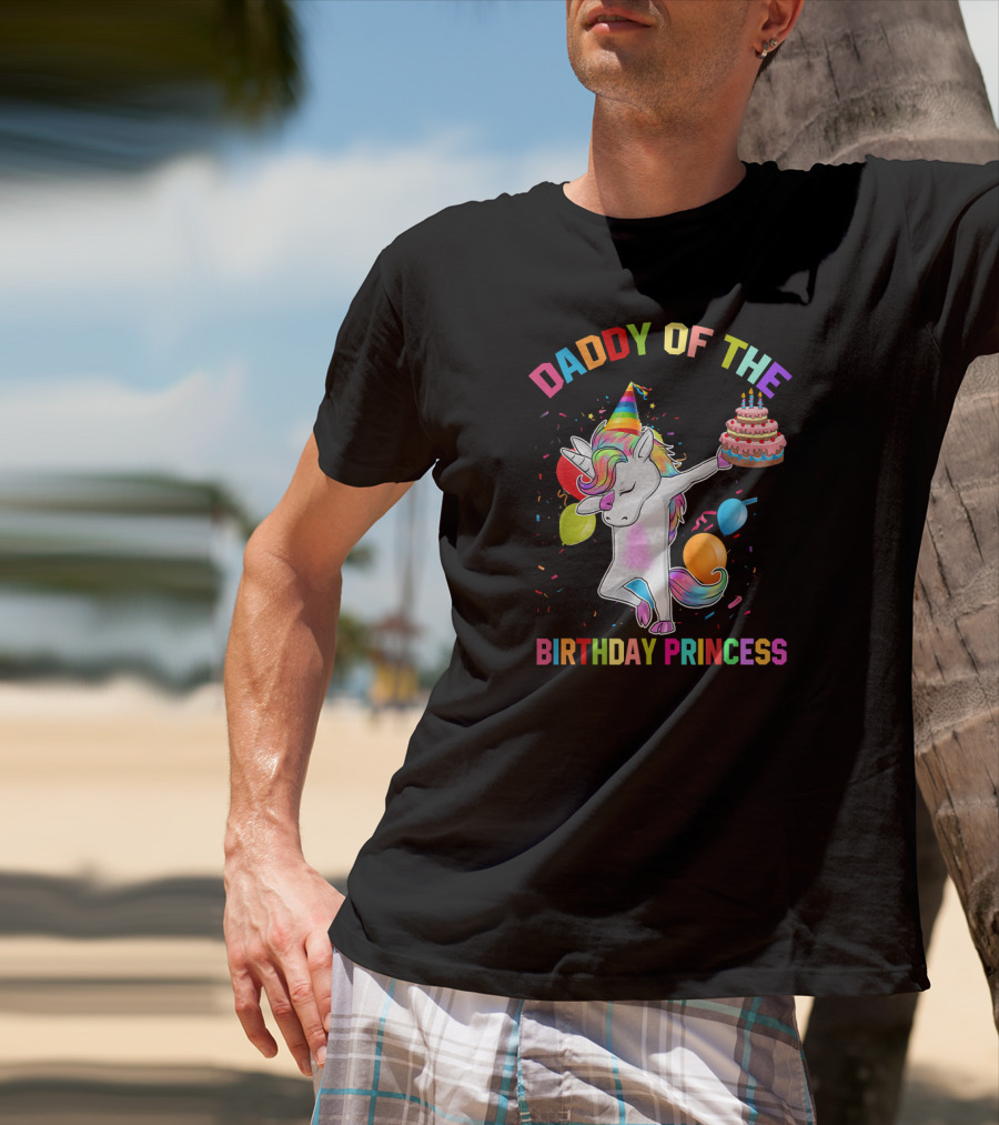 Daddy Of The Birthday Princess Unicorn Holding Cake With Party Hat And Confetti T-Shirt