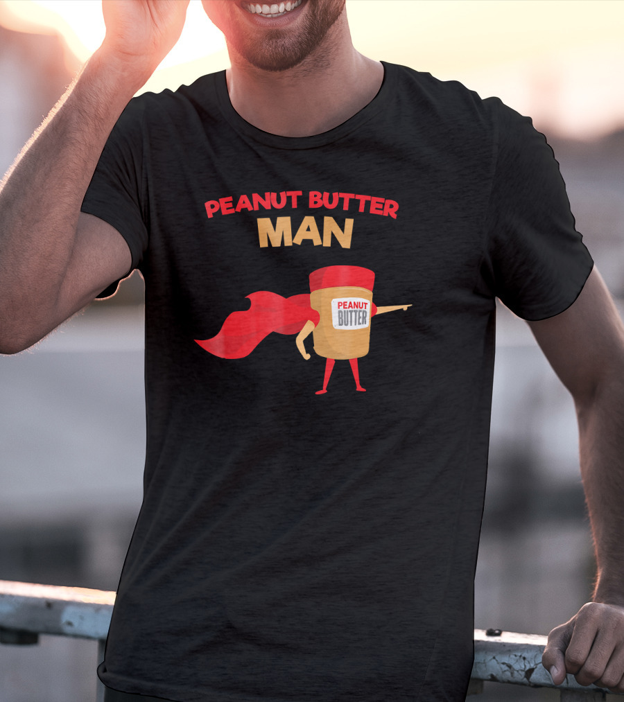 Peanut Butter Man Superhero In Red Cape Jar With Bold Letters T-Shirt