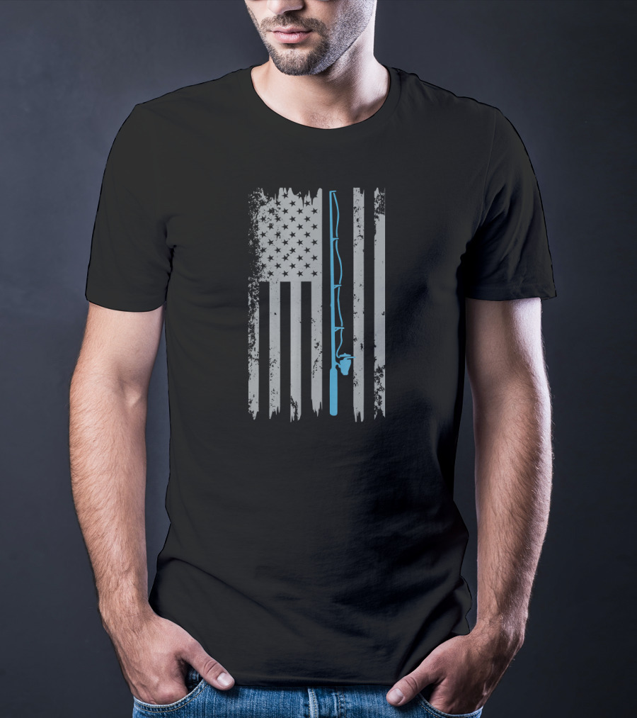 Vintage USA Flag Fishing Rod T-Shirt