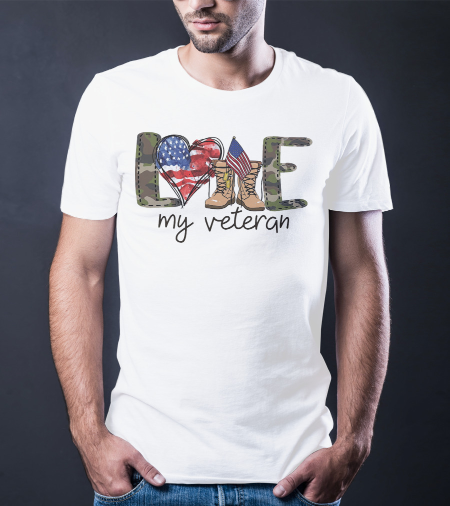 Love Camouflage Heart Boots American Flag My Veteran T-Shirt