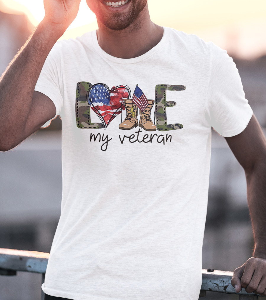 Love Camouflage Heart Boots American Flag My Veteran T-Shirt