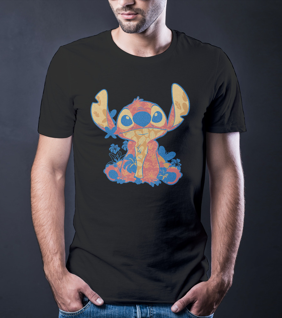 Disney Lilo Stitch Orange Blue Hawaiian Floral T-Shirt