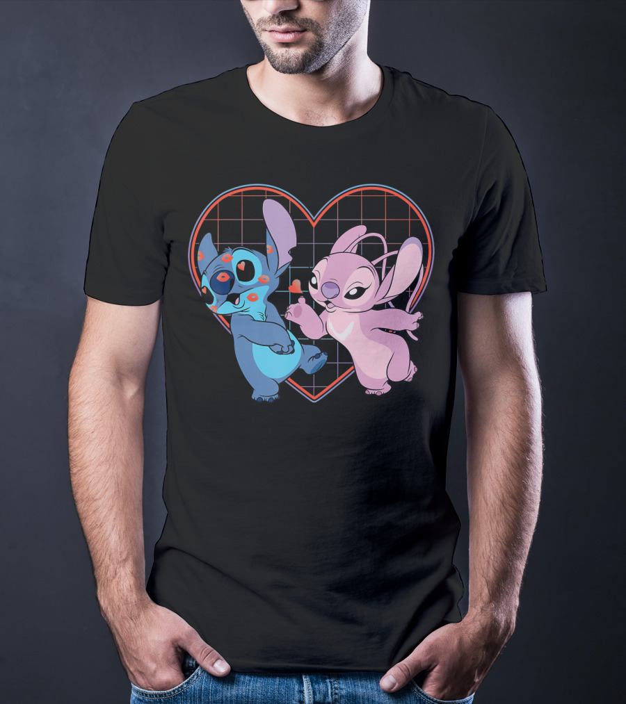 Disney Lilo And Stitch Angel Heart Grid Love T-Shirt