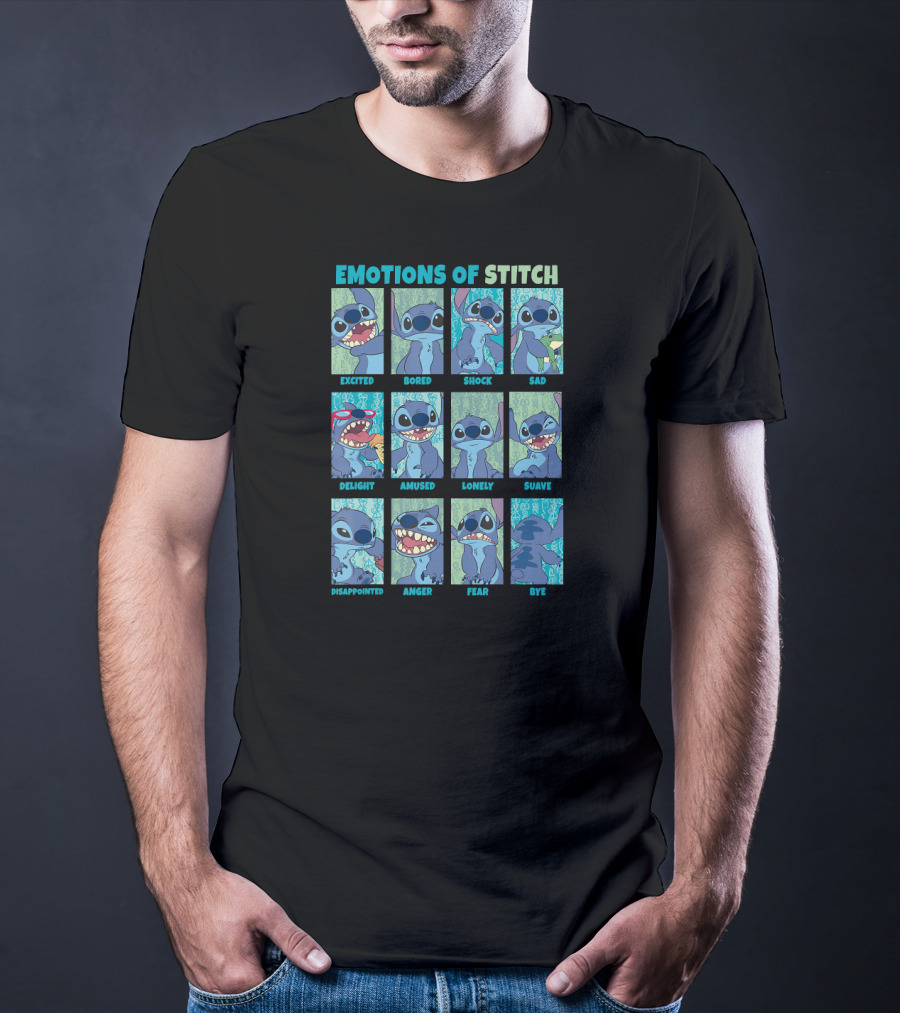 Disney Lilo And Stitch Excited Bored Shock Sad Delight Amused Lonely Suave Disappointed Anger Fear Bye Emotions Of Stitch T-Shirt