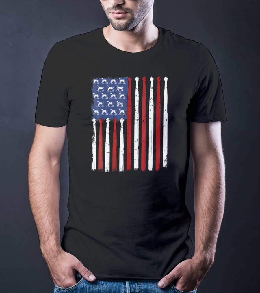 Vintage Drumsticks With USA Flag For Drummers T-Shirt