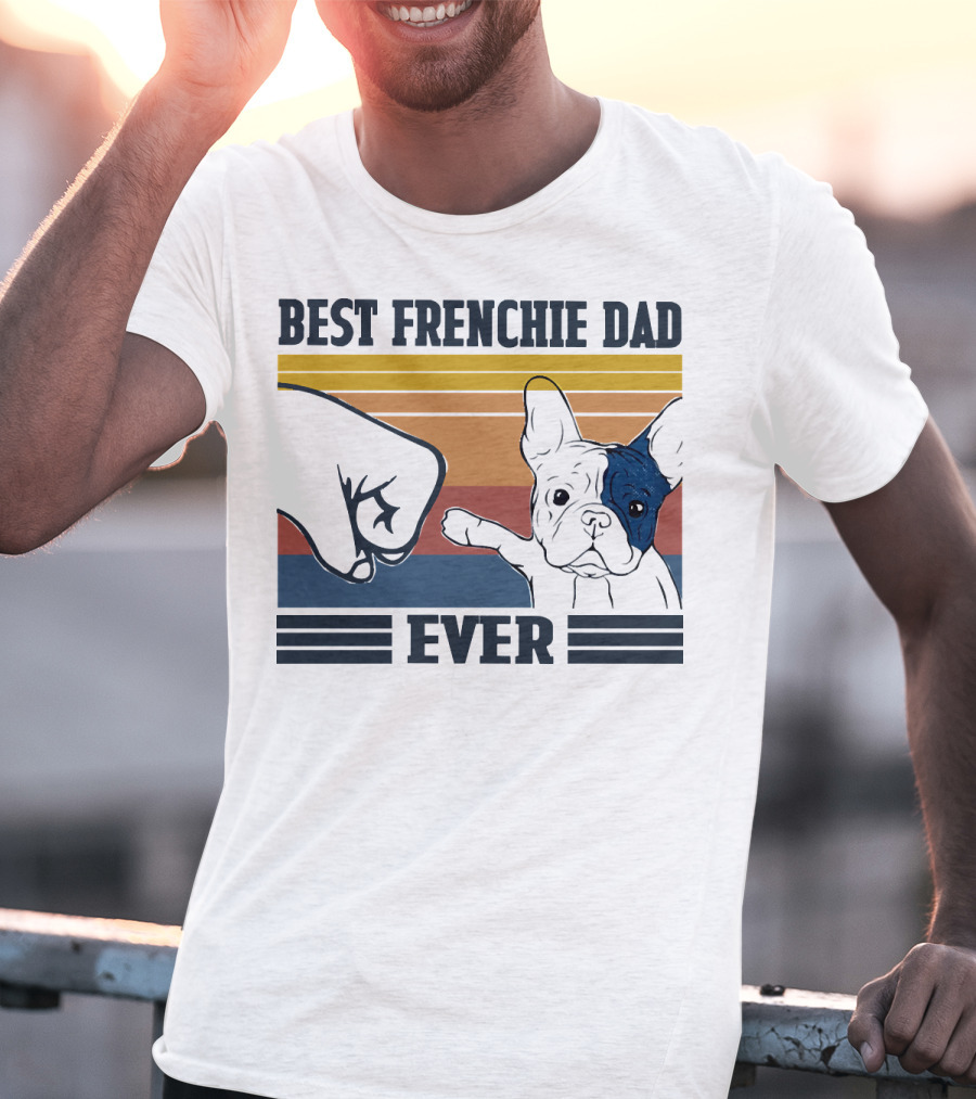 Best Frenchie Dad Ever Fist Bump Retro Stripes Dog Punch Paw Puppy T-Shirt