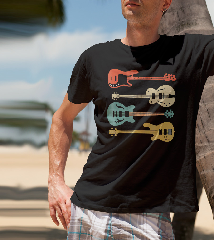 Vintage Retro Bass Guitar Bassist Player Colorful Guitar Collection T-Shirt