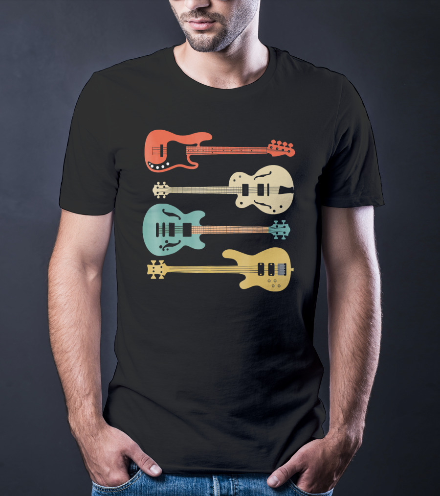 Vintage Retro Bass Guitar Bassist Player Colorful Guitar Collection T-Shirt