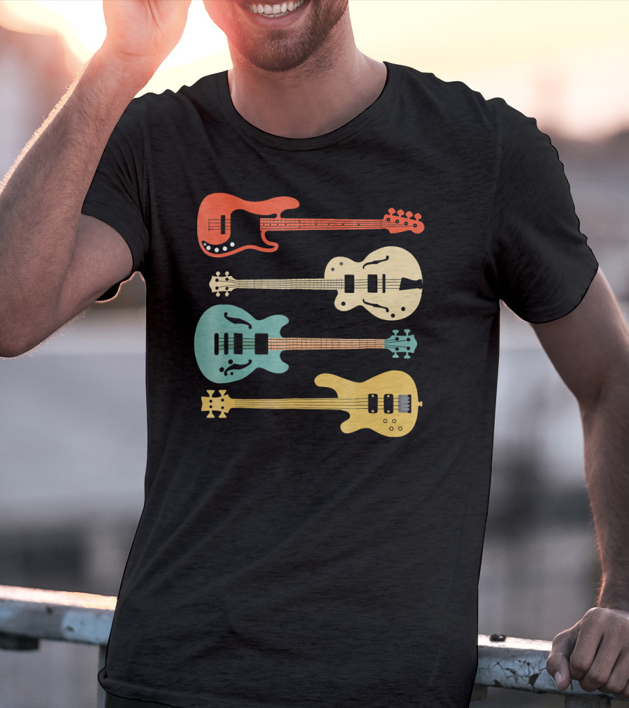 Vintage Retro Bass Guitar Bassist Player Colorful Guitar Collection T-Shirt