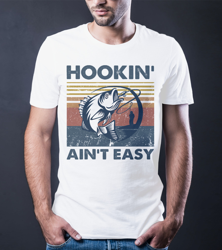 Hookin' Ain't Easy Vintage Fishing Graphic With Striped Sunset And Angler T-Shirt