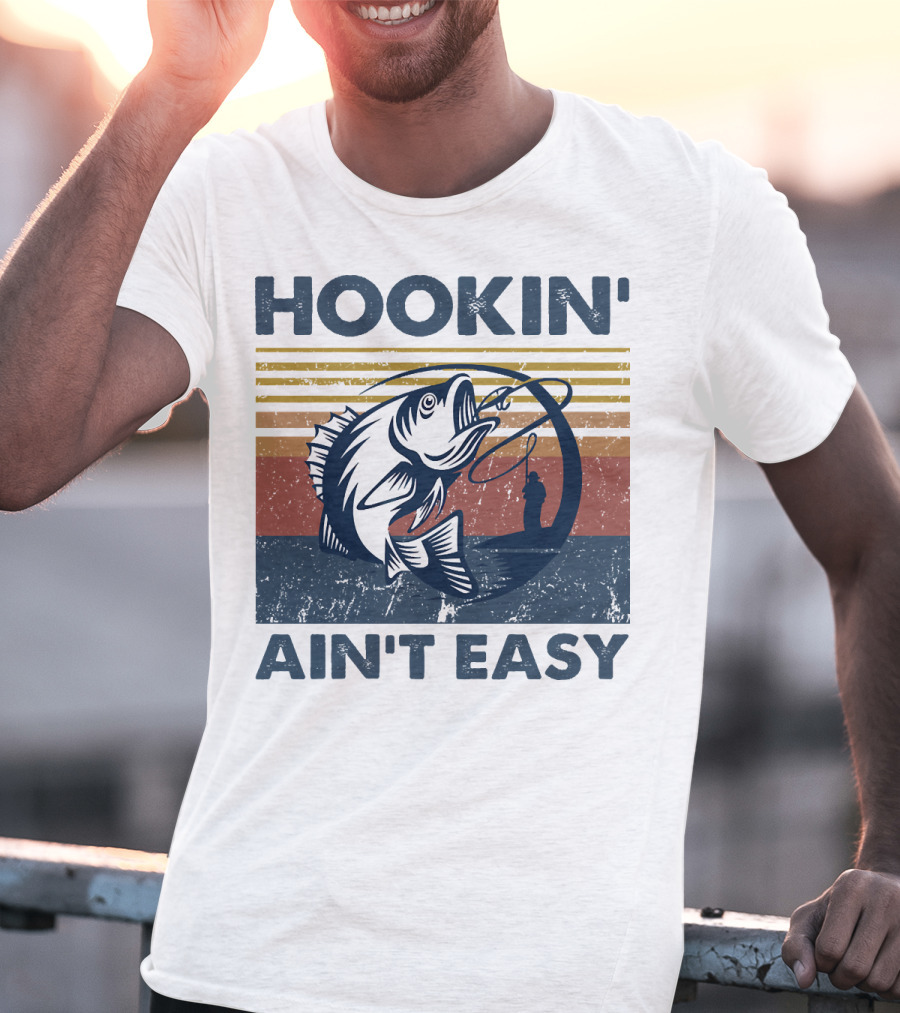 Hookin' Ain't Easy Vintage Fishing Graphic With Striped Sunset And Angler T-Shirt