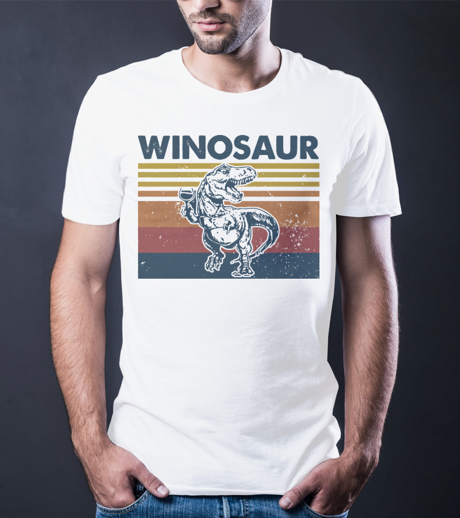 Winosaur Dinosaur With Wine Glass Retro Stripes T-Shirt