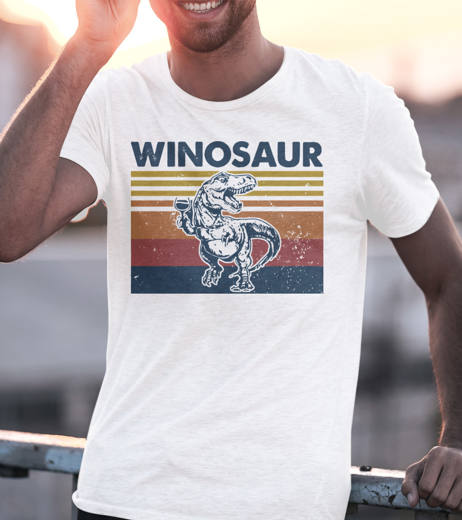 Winosaur Dinosaur With Wine Glass Retro Stripes T-Shirt