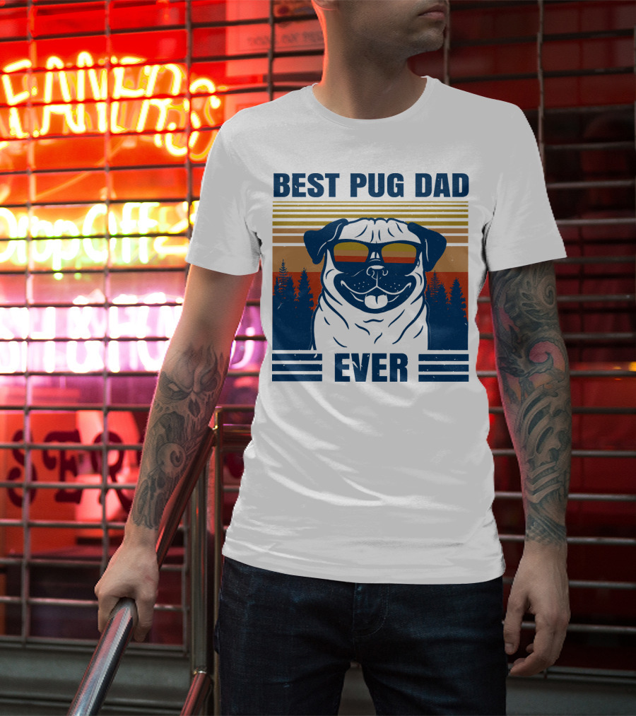 Best Pug Dad Ever Vintage Sunset Forest Retro T-Shirt