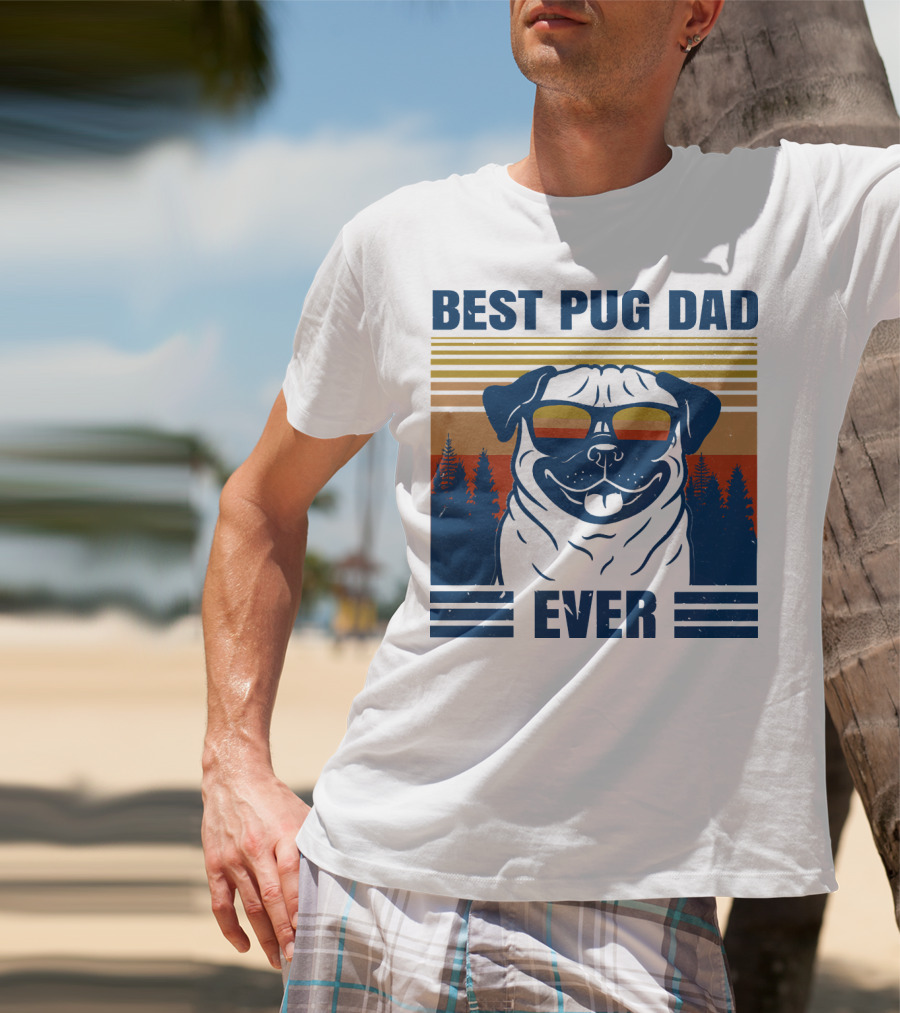 Best Pug Dad Ever Vintage Sunset Forest Retro T-Shirt