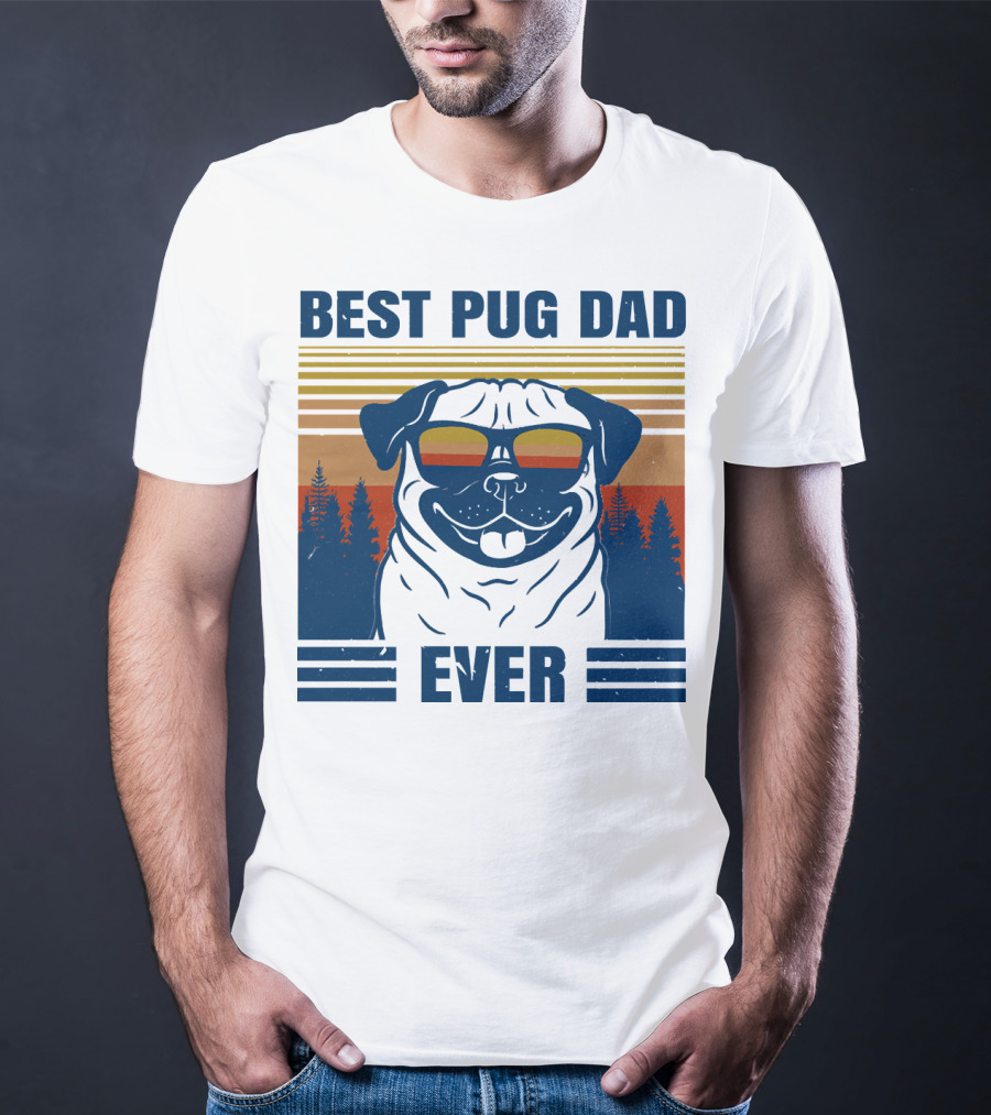 Best Pug Dad Ever Vintage Sunset Forest Retro T-Shirt