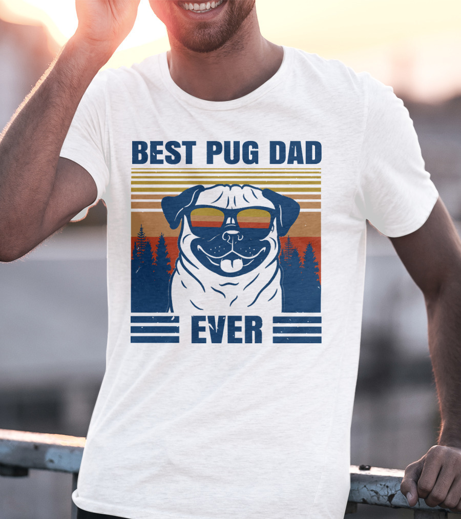 Best Pug Dad Ever Vintage Sunset Forest Retro T-Shirt