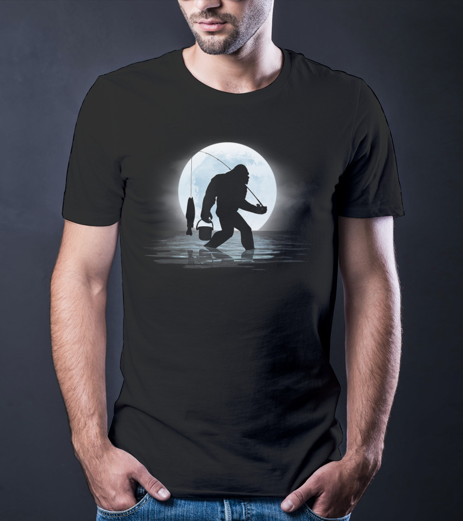 Moonlit Bigfoot Sasquatch Fishing Adventure Night T-Shirt