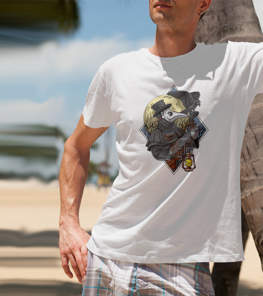 Plague Doctor Steampunk Raven Medieval Lantern Moonlit Forest T-Shirt